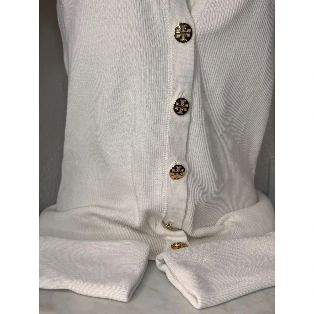 Tory Burch White Ribbed Cotton Simone Cardigan Gold Logo‎ Buttons Small